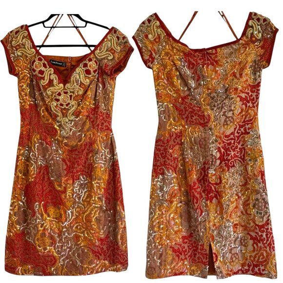 Vintage Louis Féraud 100% Silk Metallic Gold Sequins/ Beaded Jacket & Mini Dress - Picture 4 of 14